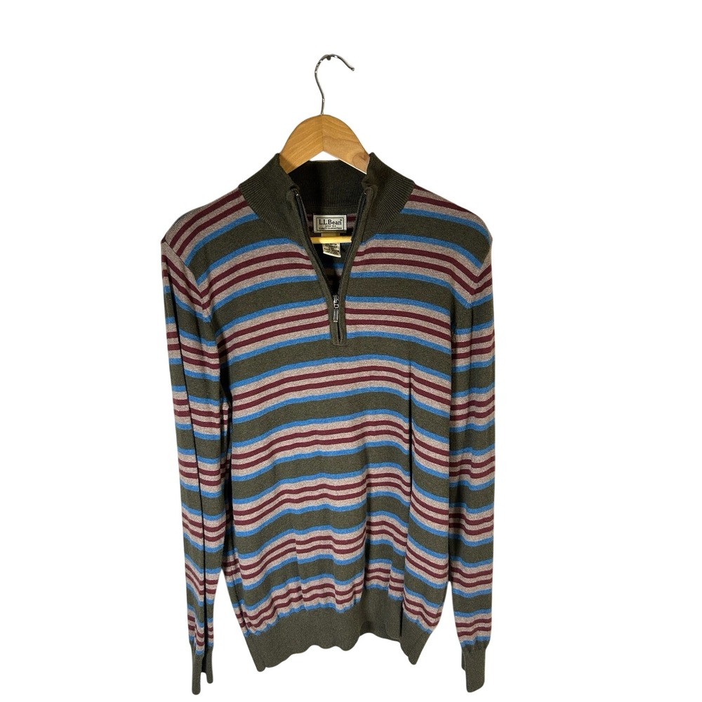 LL Bean Mens Striped‎ 1/4 Zip Sweater M REG Cotton Cashmere Green Burgundy Blue